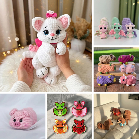 6-in-1 Cute Animal Crochet Patterns PDF 🐱🐉🦫🐶🦇🐷